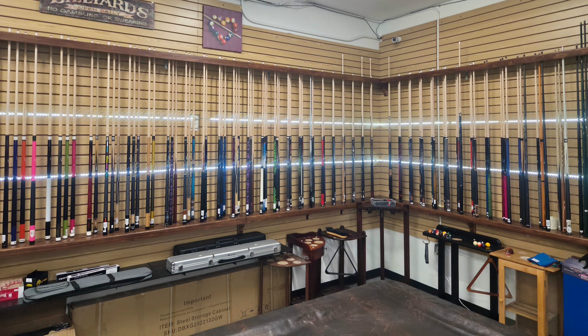 Pool cues at Colorado Budget Billiards in Englewood, Colorado